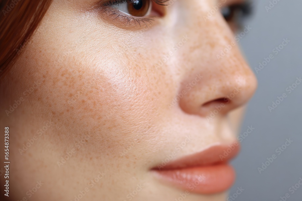 Naklejka premium Close-up profile view of a woman's face, showcasing freckles and soft, light makeup, highlighting healthy, natural beauty.