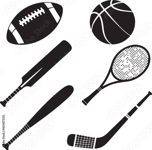 Collection of Sports Equipment Silhouettes American Football Basketball Baseball Tennis baseball bat