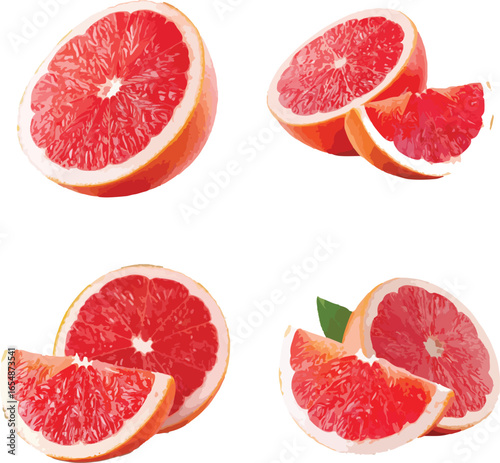 Four arrangements of sliced red grapefruit with white background