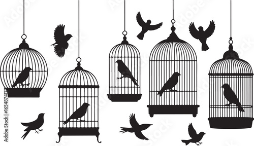 Golden vector illustration of a vintage birdcage with an open door, symbolizing freedom from confinement