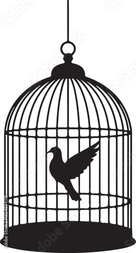Golden antique birdcage with an empty, open door symbolizes freedom against a white background