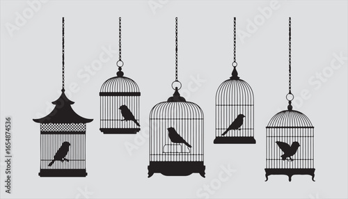 Vector illustration of vintage church and birdcage symbols in a cityscape silhouette with a bird