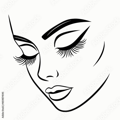 Black and white line art of a woman's face with closed eyes and long lashes woman face