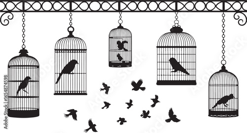 A black vector illustration of a vintage birdcage with a decorative tree branch and a bird silhouette, part of a set of London-themed symbols