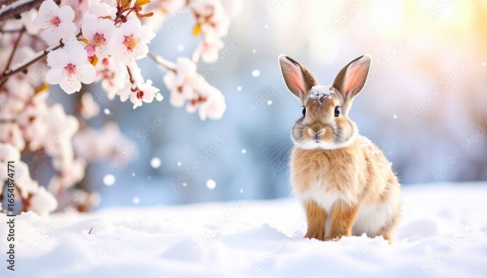 Obraz premium Snowy rabbit amid cherry blossoms winter wonderland photographic nature scene serene environment close-up view peaceful concept for nature lovers