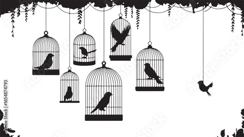 Vector illustration of vintage open golden birdcage with trapped birds