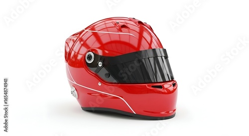 Right side of a glossy red Formula 1 helmet, clean and white background