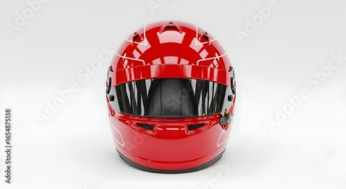 A glossy red Formula 1 helmet, clean and white background