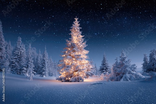 Illuminated Christmas tree in a snowy mountain forest at night