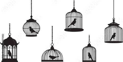 Golden vector illustration of an antique birdcage with confined birds symbolizing a prison of freedom