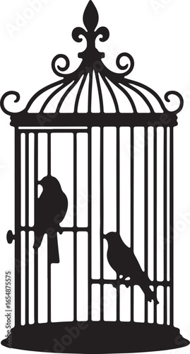 Golden antique vintage bird cage with open door isolated vector illustration of a bird escaping to freedom