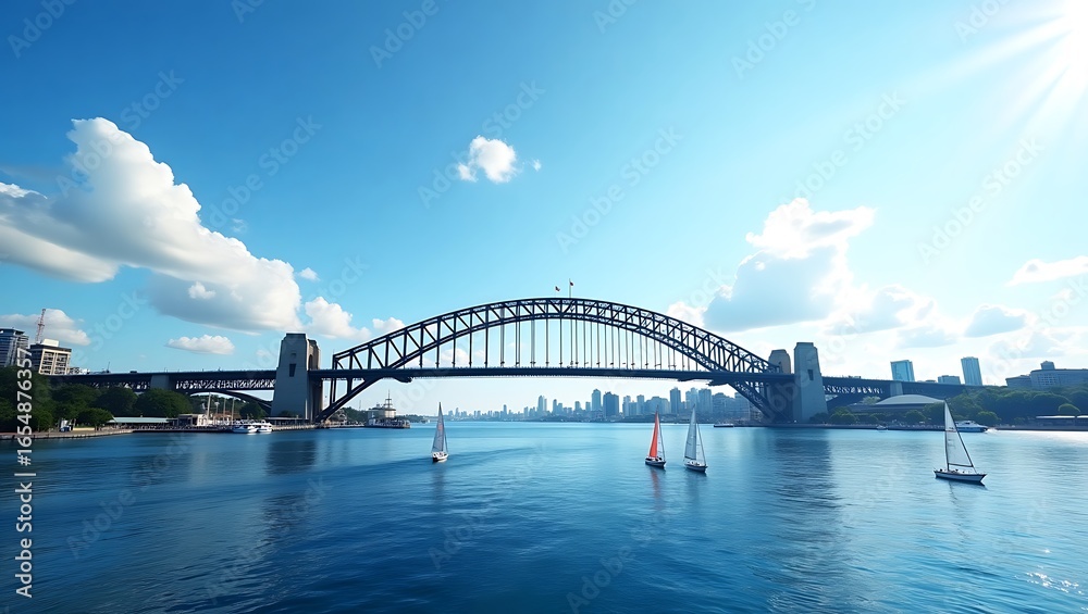 Fototapeta premium Sydney Harbour Bridge, Sailboats, and a Sunny Day