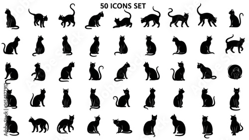 Black Cat Silhouettes Vector Set in Various Poses – Minimalist Modern Feline Figures for Logos, Decals, and Apparel
