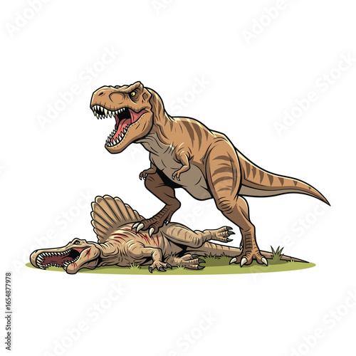 Epic Battle Tyrannosaurus Rex Defeats Spinosaurus Illustration