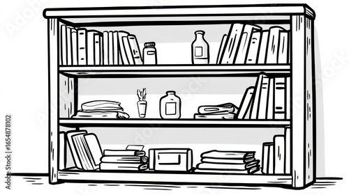A simple black and white line drawing of a wooden bookshelf, filled with books and items