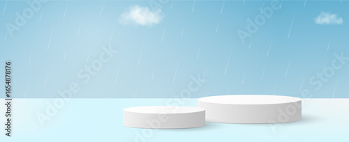 Minimal podiums with clouds and rain on blue background, empty stage for product presentation or banner