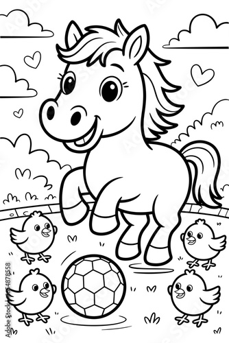 Pony playing with chicks and soccer ball in a sunny field – Funny animal coloring page for kids, line art illustration  