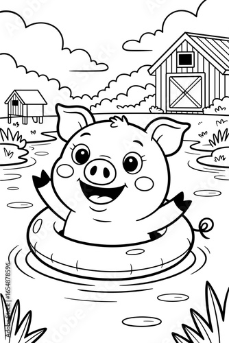 Happy pig swimming in a floatie in a countryside pond – Funny animal coloring page for kids, line art illustration 