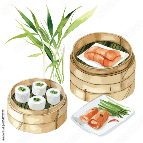 Watercolor Illustration of Asian Steamed Dim Sum Dishes