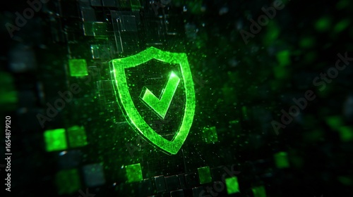Digital technology background with a green security shield icon, with a check mark, concept for cyber security and data protection technology digital cybersecurity.