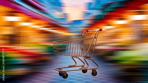 Shopping cart with motion blur effect in colorful market background