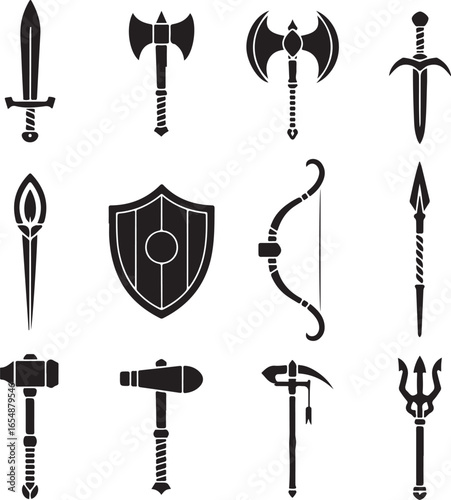 Medieval Weapons and Armor Silhouette Sword Axe Shield Spear on White Background bow and arrow