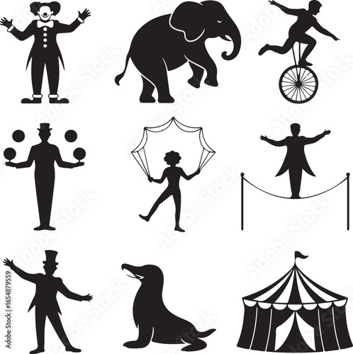 Circus Performers Elephant Tent Seal and Props Silhouette on White Background vector illustration