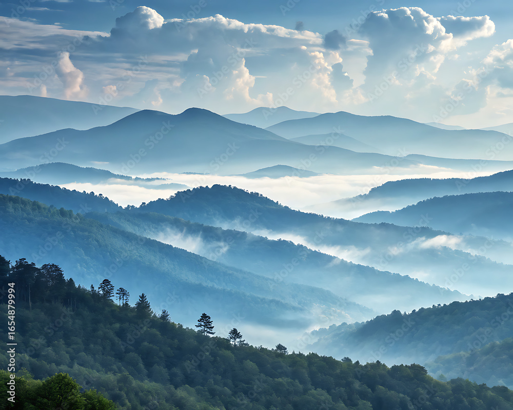 Obraz premium Misty blue mountainscape serene watercolor painting atmosphere serene nature landscape