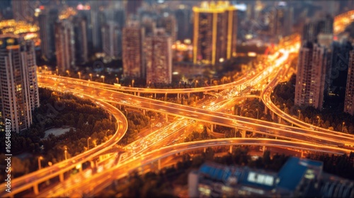 City interchange at night with glowing lights and abstract bokeh effect.