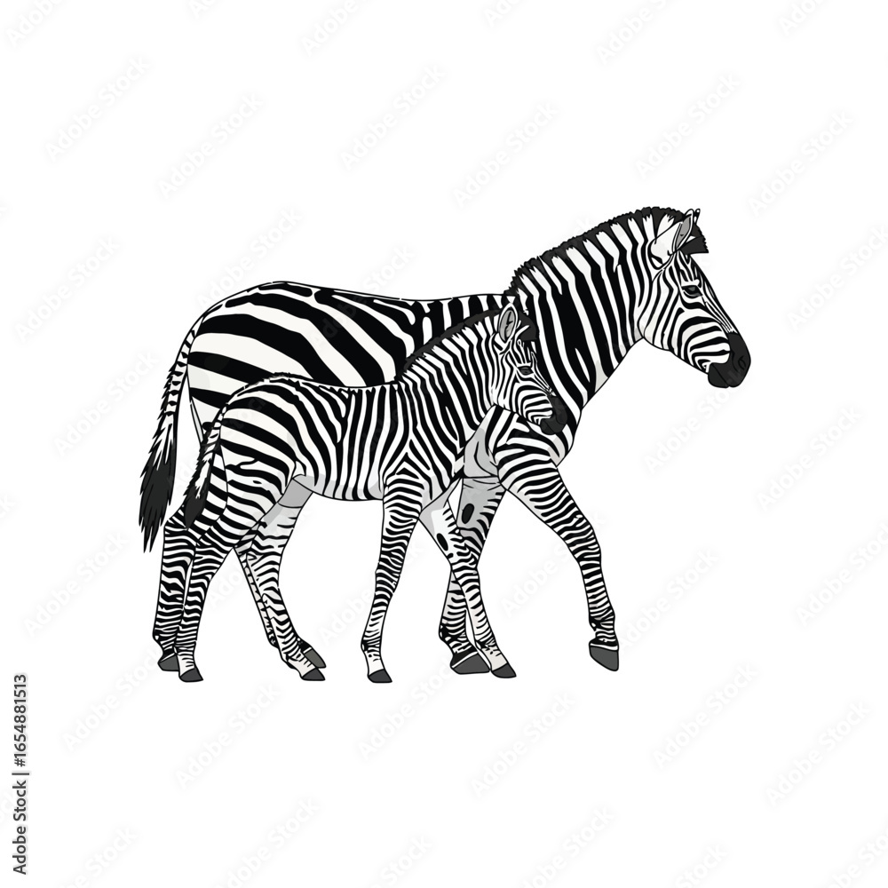 Obraz premium A mother zebra and her foal walk together, showcasing their distinctive black and white stripes.