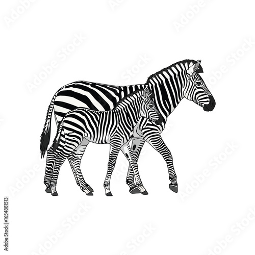 A mother zebra and her foal walk together, showcasing their distinctive black and white stripes.