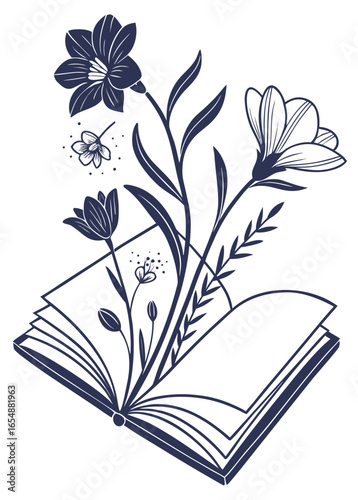 Antique book vector illustration with delicate line art flowers in blue and monochrome, blending vintage charm and symbolic meaning for editorial and branding