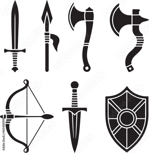 Medieval Weapons Icons Sword Spear Axe Bow Shield vector illustration