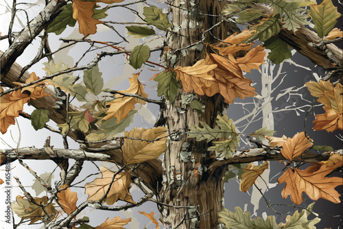 Realistic camouflage pattern with leaves and branches in the woods.Forest real tree hunting camouflage seamless pattern design for military and hunting uniform. Hunting camouflage