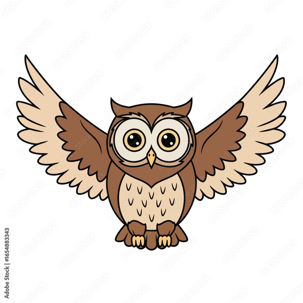 Obraz premium Cartoon depiction of an owl with wings spread, facing forward. The owl has brown and beige coloring.