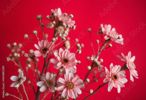 Delicate dried flowers, blush tones, vibrant red background, elegant composition,  art,  texture