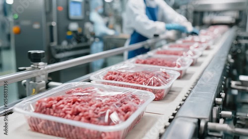 Packaged ground meat on conveyor belt inside modern food processing factory with workers in background.