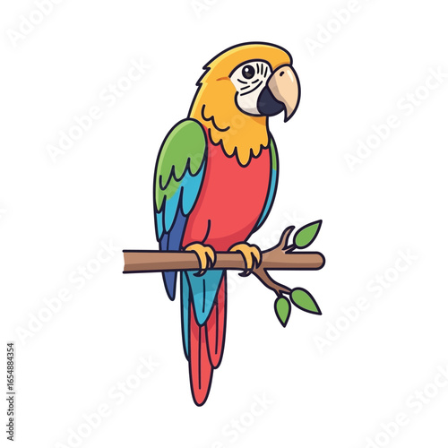 A vibrant illustration of a colorful macaw perched on a branch.