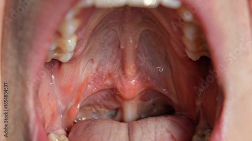 Close up view of human mouth throat and tonsils showing oral anatomy.