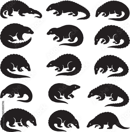 Set of pangolin silhouettes in various poses showing scales and curled up forms scaly anteater mammal