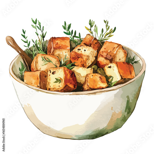 Watercolor Illustration of Croutons and Herbs in a Ceramic Bowl
