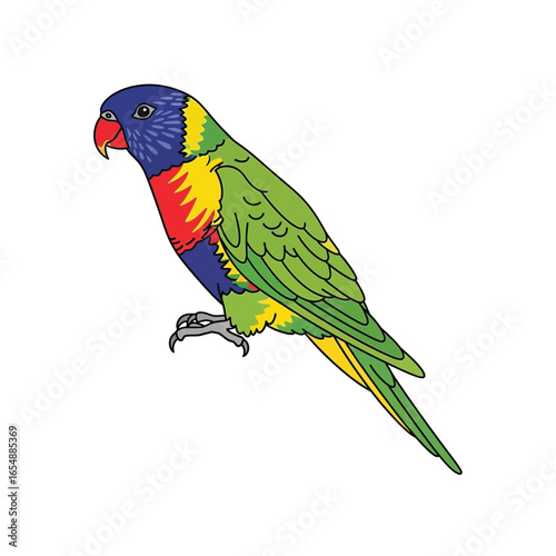 Colorful lorikeet parrot illustration with blue head, red chest, and green wings, perched on a branch.