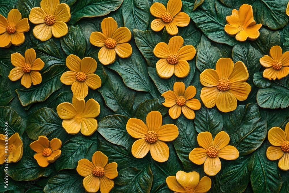 custom made wallpaper toronto digitalA vibrant design of embossed, yellow flowers arranged on dark green leaves.