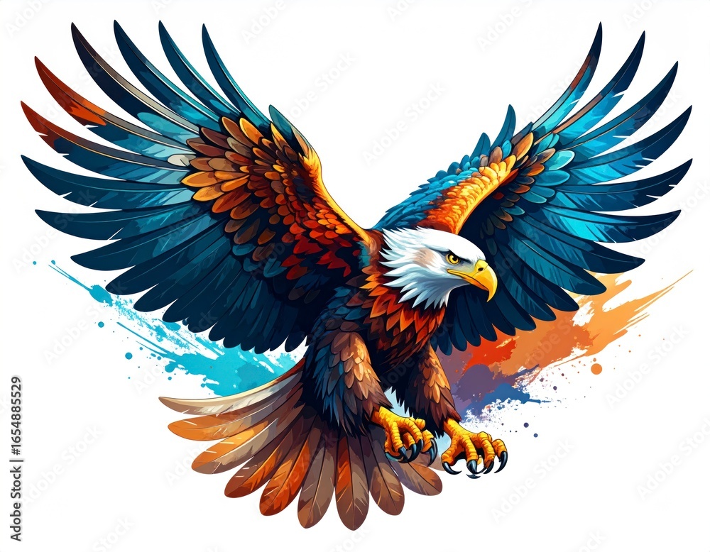 Obraz premium Full Body Vector Eagle Mascot Mid Swoop in Silver and Gold Metallic Accents Against White Background