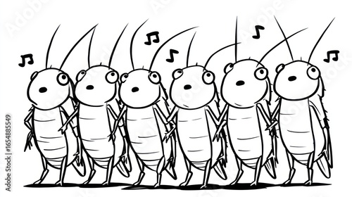 A row of cartoon crickets singing