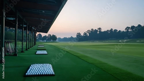 Serene Sunrise Over Pristine Golf Driving Range: A Perfect Morning for Practice