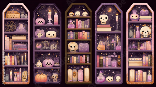Spooky kawaii bookshelf collection in coffin shape design. whimsical assortment of magic books, potions, and cute skulls perfect for halloween or witchcraft themes
