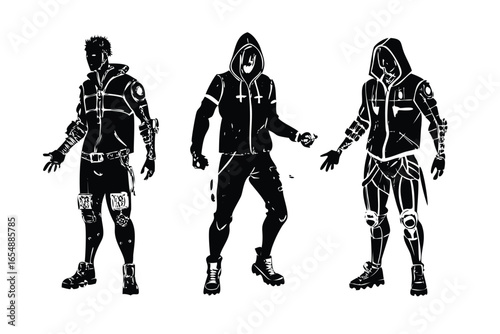 Cyberpunk Fashion Vector Set - Futuristic Techwear Engraved Illustrations.