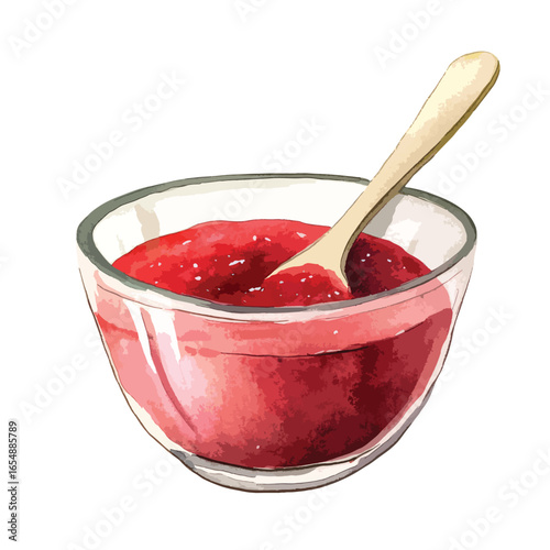 Watercolor Illustration of Red Berry Jam in Glass Bowl with Wooden Spoon
