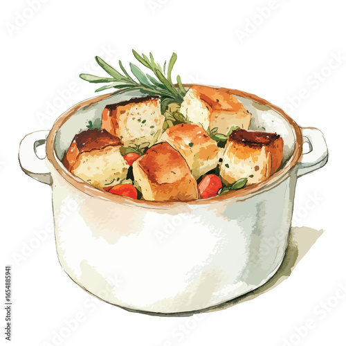 Watercolor Illustration of Savory Croutons and Herbs in a Ceramic Pot